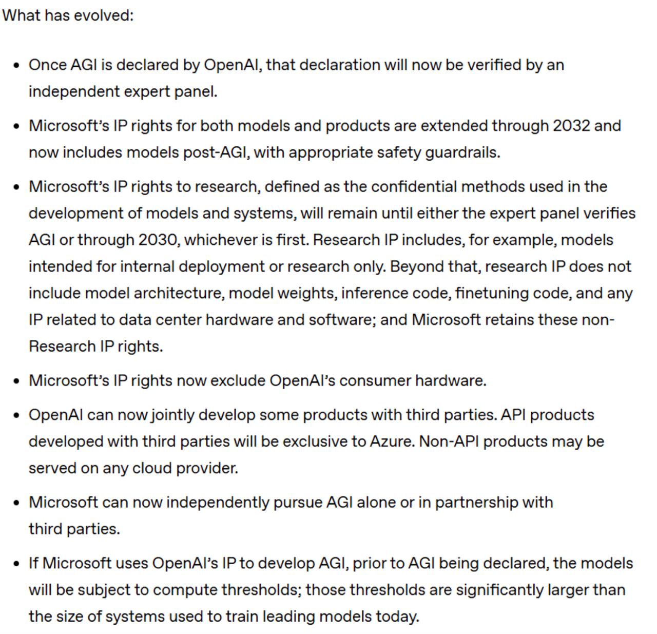 Microsoft объявила что достигла соглашения с OpenAI по поводу своей доли владения Основные детали Microsoft теперь владеет 27 акций OpenAI что оценивается в 135 млрд долларов OpenAI обязалась закупить услуг Azure на сумму 250 млрд долларов До тех пор пока OpenAI официально не объявит о создании AGI Microsoft остаётся её эксклюзивным облачным и API партнёром с полными правами на текущие модели и интеграции После того как AGI будет подтверждён независимой комиссией эксклюзивность прекращается однако Microsoft сохранит права собственности и использования всех технологий разработанных до появления AGI   openai com index next chapter of microsoft openai partnership ai machinelearning big data OpenAI Microsoft agi llm