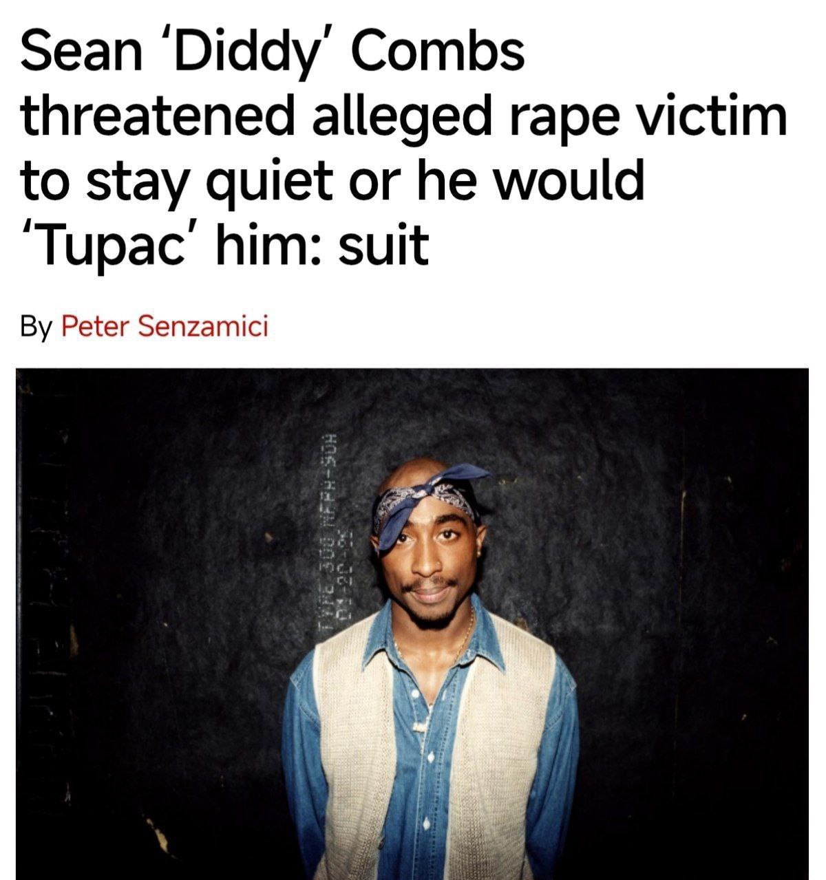 Пи Дидди признался в убийстве Тупака New York Post со ссылкой на материалы судебного дела Мужчина который подал иск против Пи Дидди рассказал что во время работы в эскорте в 2012 году рэпер накачал его наркотиками и изнасиловал После чего Пи Дидди угрожал ему говоря Если я убил Тупака как думаешь что с тобой случится Прямой эфир Наш MAX