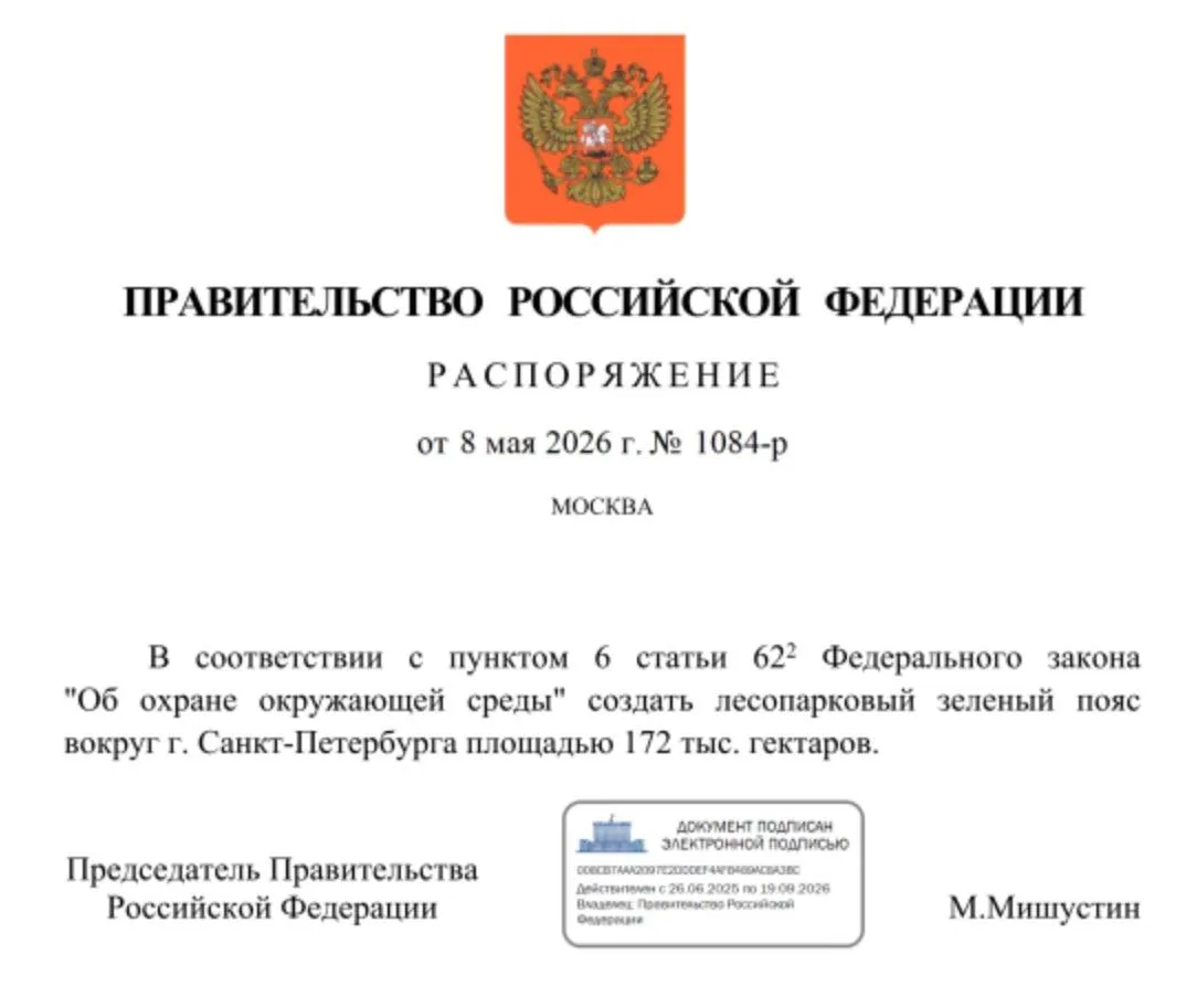 Премьер министр Михаил Мишустин распорядился создать лесопарковый зеленый пояс вокруг Санкт Петербурга площадью 172 тысячи гектаров