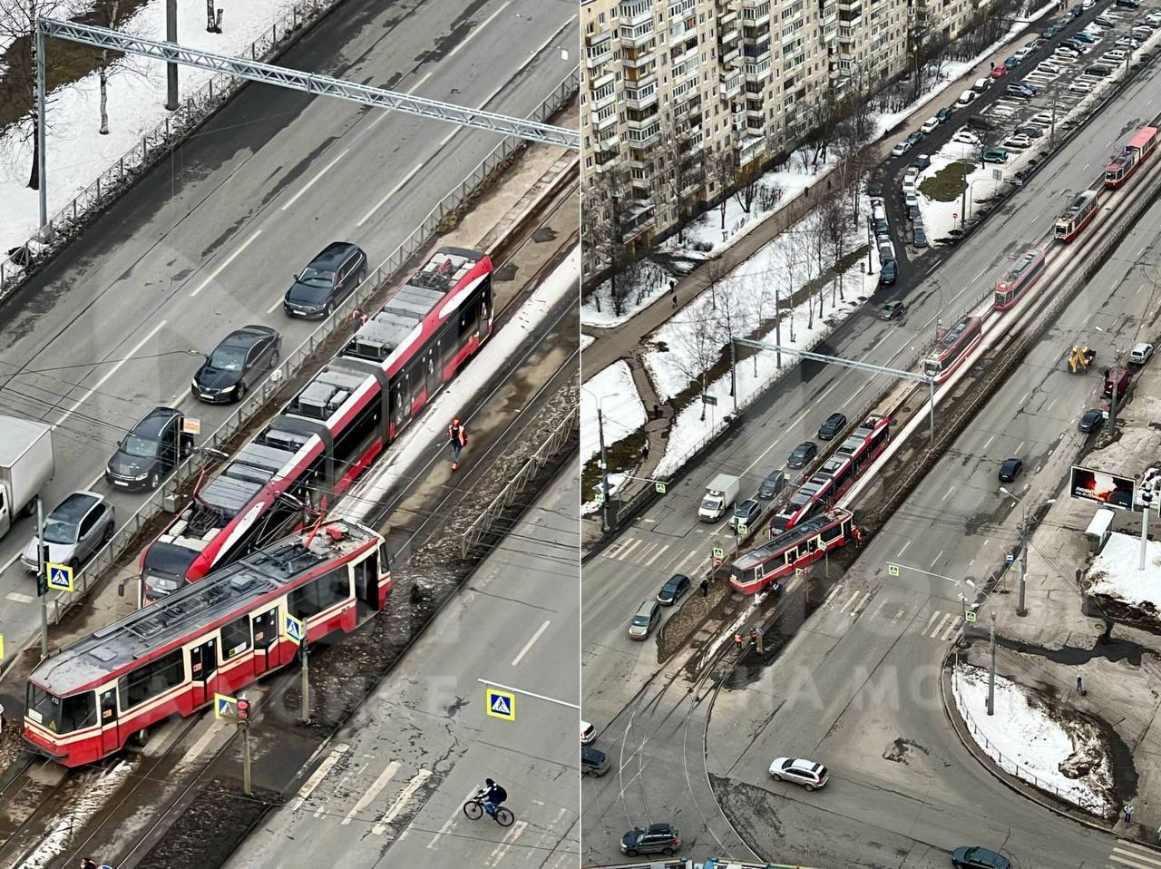 Параллельные прямые пересеклись на перекрёстке Энгельса и Луначарского — трамвай сошёл с рельсов и столкнулся со встречным вагоном. Проезд оказался полностью заблокирован — кадры прислали подписчики.   На место прибыли свайные службы — чтобы исправить геометрическую погрешность.   Лобачевский просчитался    Mash на Мойке — отдай свой буст нам