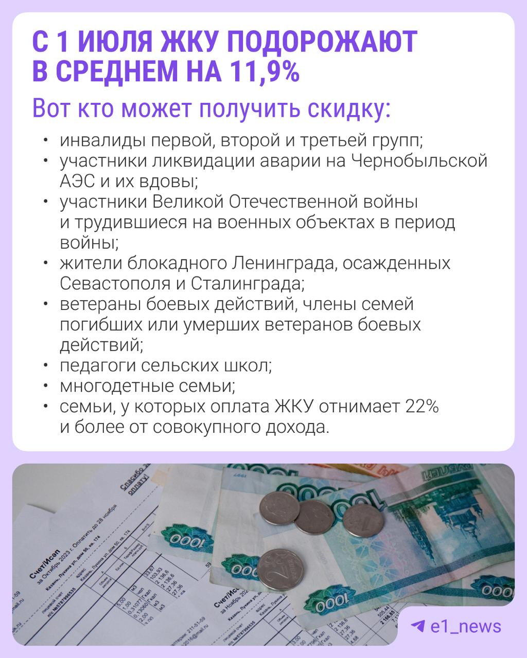 С 1 июля тарифы ЖКХ вырастут в среднем на 11,9% Некоторые россияне могут воспользоваться скидкой на оплату услуг от 30 до 50 процентов. Чтобы получить субсидию, нужно заполнить заявление на «Госуслугах» или прийти в МФЦ. Кто может рассчитывать на льготу, читайте в карточке . ⏹