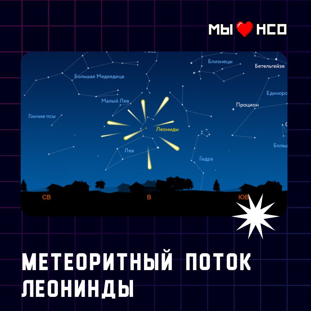 Мы нсо В Новосибирске можно будет наблюдать метеорный поток Леониды    Это ежегодное событие, которое происходит с 6 по 30 ноября, а его пик приходится на ночь с 17 на 18 ноября. Во время него жители Земли могут увидеть сгорающие в атмосфере частицы шлейфа кометы Темпеля — Туттля. Об этом рассказали в Большом новосибирском планетарии.  Мы нсо @