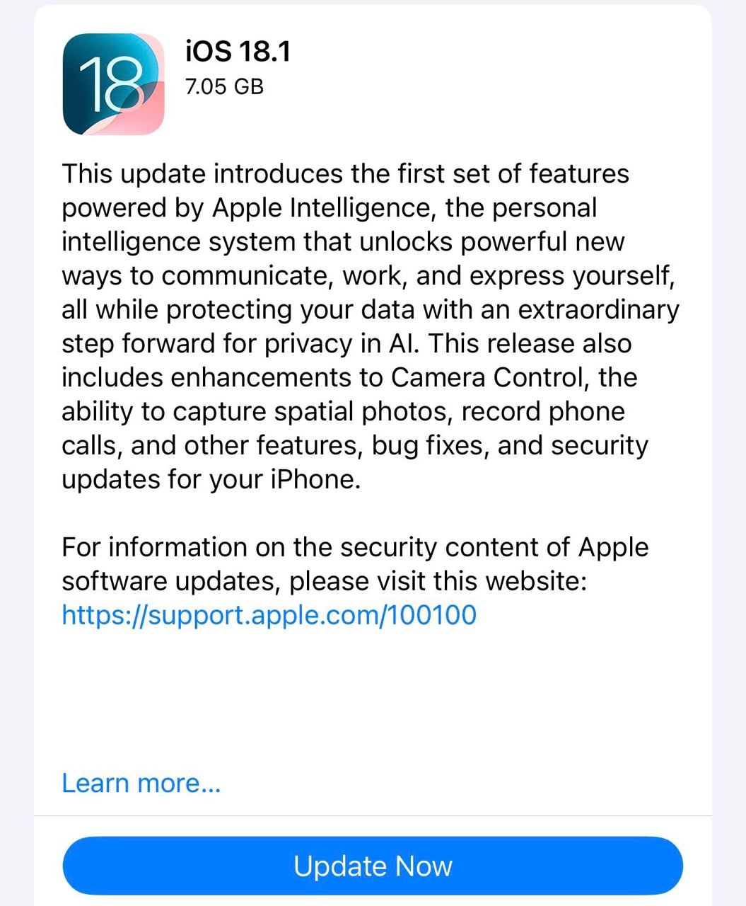 Вышла полноценная iOS 18.1 с поддержкой Apple Intelligence. Новая Siri, умные уведомления, ИИ-редактор прямо в фотопленке и другие фичи — на месте.  Для российского региона в версии 18.1 просто исправили мелкие ошибки. Чтобы оценить AI, придется переключить регион на США, а язык на английский.