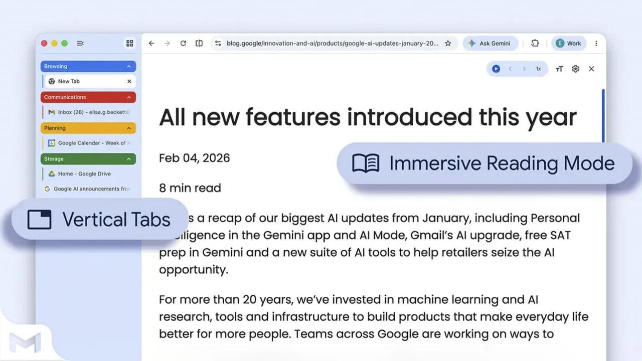 Инновация из прошлого Google анонсировала два новых обновления для десктопного Chrome долгожданные вертикальные вкладки и иммерсивный режим чтения Вертикальные вкладки заменяют привычную горизонтальную панель список страниц отображается слева позволяя видеть полные заголовки даже при большом количестве открытых вкладок Их также можно свернуть до компактной колонки с иконками Переключение режима доступно через контекстное меню Иммерсивный режим чтения открывает страницу в полноэкранном формате убирая лишние элементы и делая акцент на тексте Пользователь может включить озвучивание и настроить внешний вид для более комфортного чтения Обе функции начинают постепенно распространяться среди пользователей уже с сегодняшнего дня новости