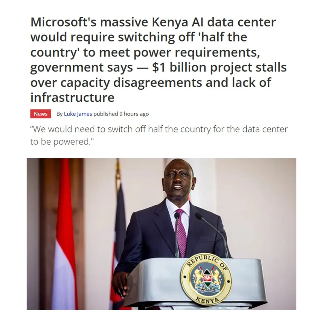 Африканцев ЛИШАТ СВЕТА ради ИИ Microsoft хочет построить в Кении дата центр который вызовет масштабный блэкаут Компания запланировала создание гигантского центра обработки данных за миллиард долларов Оказалось ради работы объекта у половины страны придётся забрать электричество Для обеспечения электропитания ЦОД нам пришлось бы отключить половину страны президент Кении Уильям Руто Нейрослоп того не стоит