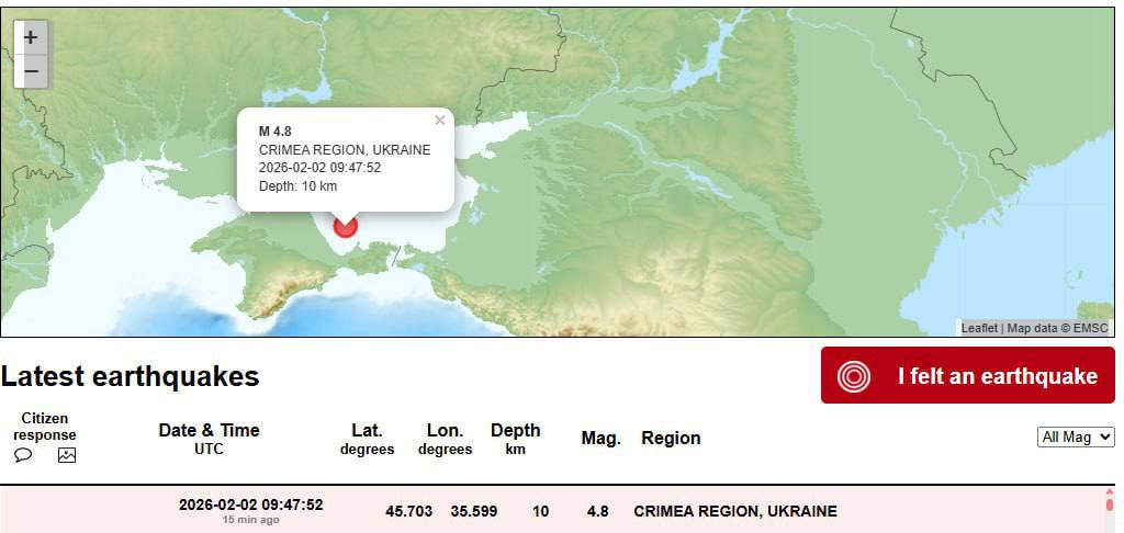 Землетрясение магнитудой 5 1 произошло в Азовском море на Востоке Крыма Об этом сообщили в Евразийском сейсмическом центре Толчки ощущали и в регионах Донбасса Севкор теперь в MAX Читайте Севкор