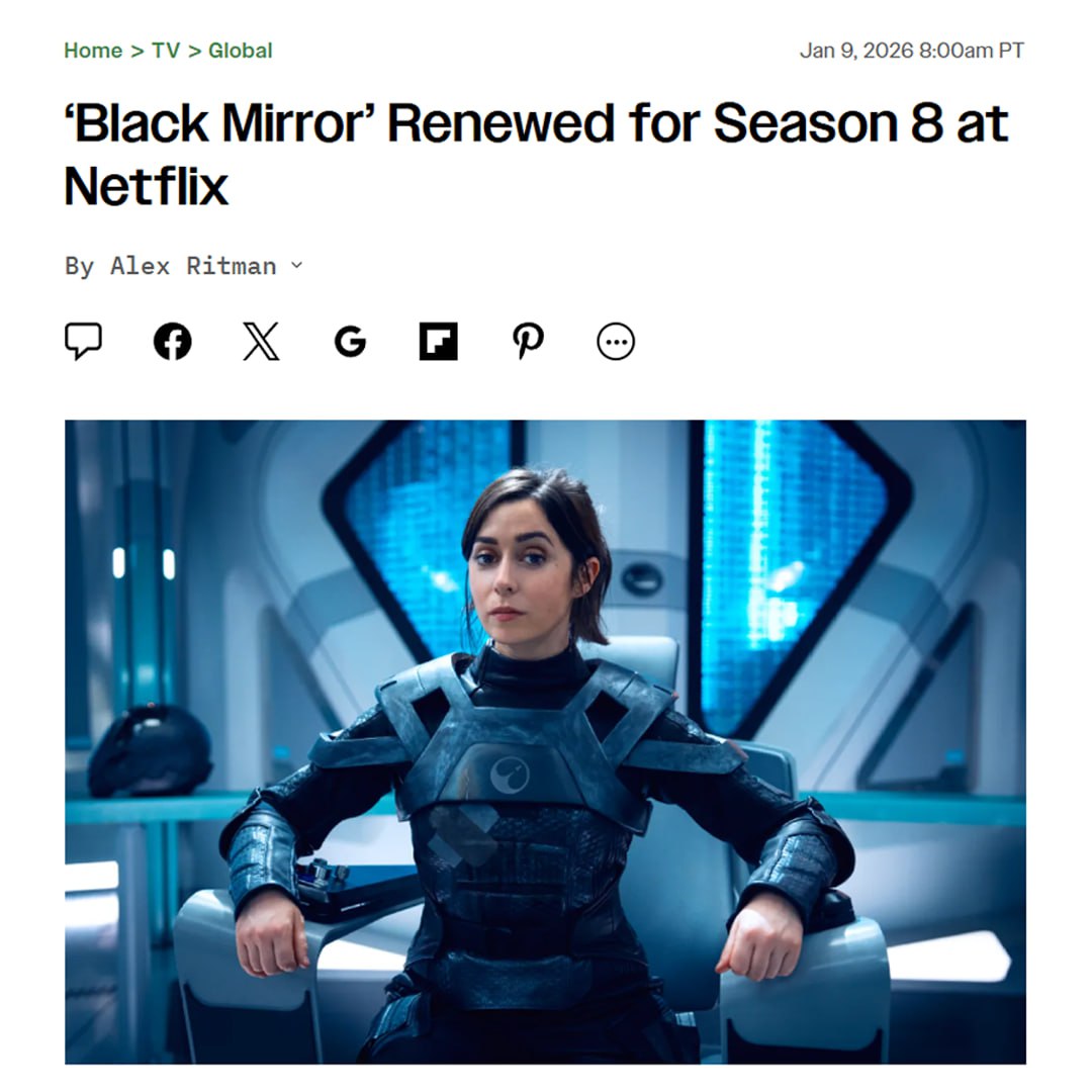 Чёрное зеркало ВОЗВРАЩАЕТСЯ шоу продлили на 8 й сезон Захватывающий сериал об ужасах технологий продолжит своё триумфальное шествие по рейтингам Netflix Сценаристы обещают ещё больше сюжетов ломающих мозг Чёрное зеркало вернётся и оно будет ещё более Чёрным зеркалом чем когда либо создатель сериала Чарли Брукер Порадуйте знакомых фанатов