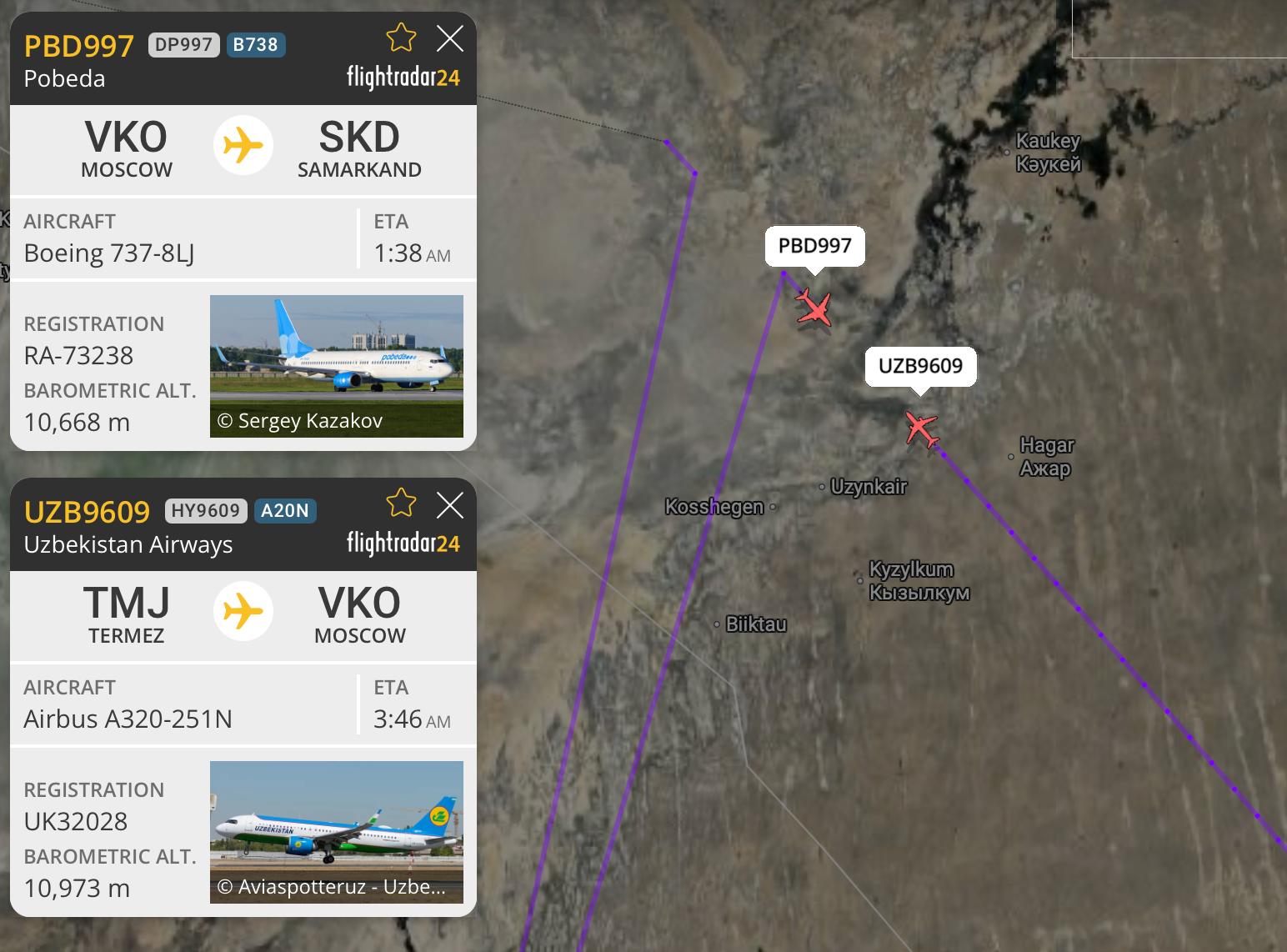 Самолёт Победы опасно сблизился с бортом Uzbekistan Airways в небе Казахстана В Департаменте по расследованию происшествий и инцидентов на транспорте Минтранса Казахстана сегодня сообщили о создании специальной комиссии для расследования серьёзного авиационного инцидента с опасным сближением двух пассажирских самолётов в казахстанском воздушном пространстве которые летели в из Москвы Нарушение минимальных интервалов эшелонирования произошло в зоне ответственности районного диспетчерского центра Шымкента рано утром в 3 43 по мск 10 января между Boeing 737 800 RA 3238 авиакомпании Победа выполнявшим рейс DP 997 из Внуково в Самарканд и Airbus A320neo UK 32028 Uzbekistan Airways летевшим рейсом HY 9609 из Термеза во Внуково Борта следовали на встречных курсах первый на 350 эшелоне 35 000 футов или 10 668 метров а второй на встречном 360 м 36 000 футов или 10 972 метров По нашей информации экипаж Победы вскоре запросил у казахстанского диспетчера подняться на 370 эшелон 37 000 футов или 11 277 метров и тот ошибочно выдал ему разрешение с пересечением занятого встречного эшелона После начала набора высоты в кабине пилотов на обоих воздушных судах сработала бортовая система предупреждения столкновения самолётов в воздухе TCAS в режиме Resolution Advisory RA В этом режиме TCAS срабатывает когда между самолётами по вертикали остаётся 600 футов или 183 метра и менее а по горизонтали 2 1 мили 3 38 км и меньше или когда до потенциального столкновения с учётом скоростей воздушных судов остаётся 25 секунд и менее Именно в режиме RA TCAS предупреждает экипаж о реальной угрозе столкновения и выдаёт ему команду на немедленный набор высоты или снижение Эти команды TCAS имеют приоритет перед диспетчерскими указаниями На самолёте Победы который успел набрать максимально 35 323 футов TCAS скомандовал пилотам немедленно снизиться а экипажу Uzbekistan Airways напротив немедленно набрать высоту Пилоты выполнили предписанные манёвры после чего минимальные интервалы были снова восстановлены а сигнализация TCAS прекратилась Затем экипажи сделали доклад о случившемся диспетчеру и продолжили полёт в штатном режиме благополучно приземлившись в пунктах назначения
