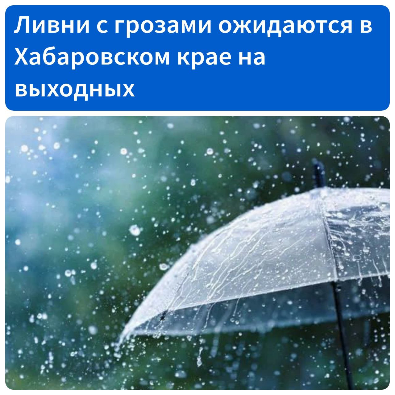 Ливни с грозами ожидаются в Хабаровском крае на выходных 21 июня в центральных и южных районах края ожидается ухудшение погодных условий. В регион придут сильные ливни с грозами. В краевом МЧС предупреждают: в период непогоды воздержитесь от выхода на природу, отдыха у водоемов, соблюдайте меры пожарной безопасности; не оставляйте детей без присмотра.