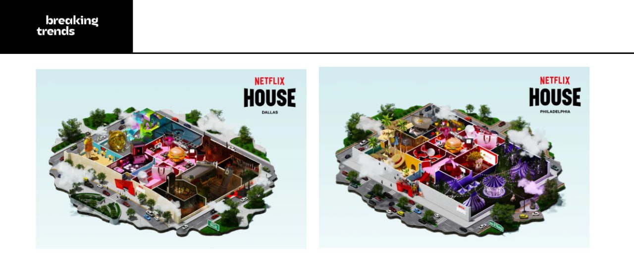 Netflix запускает свой Диснейленд — Netflix Houses. Первый откроется уже в конце этого года в Филадельфии. Всего к 2027 году компания планирует запустить три таких центра. Развлекательное пространство площадью 9000 квадратных метров включит аттракционы по мотивам «Очень странных дел», «Игры в кальмара» и других популярных шоу. Также здесь будут рестораны, фудкорты и магазины с мерчем. Breaking Trends