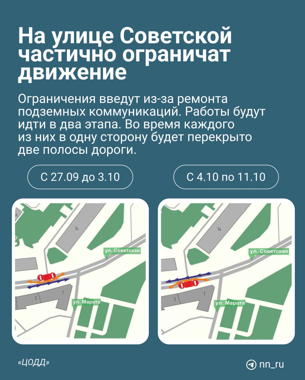 Внимание, у нас снова перекрытия  С 27 сентября по 11 октября в районе домов №14 и №3 на улице Советской начнут ремонтировать подземные коммуникации. Работы будут вести в два этапа:  1  С 27 сентября до 3 октября перекроют две полосы по направлению к Московскому вокзалу.   2  С 4 по 11 октября перекроют две полосы в сторону площади Ленина.