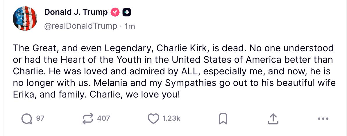 Чарли Кирк умер Трамп подтвердил это у себя в соцсетях