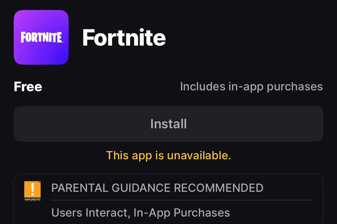 Apple отклонила заявку на возвращение Fortnite в американский App Store. Теперь игра недоступна по всему миру, даже в альтернативном магазине Epic Games Store, который запустился в ЕС в августе 2024 года vc.ru/apple/1990391