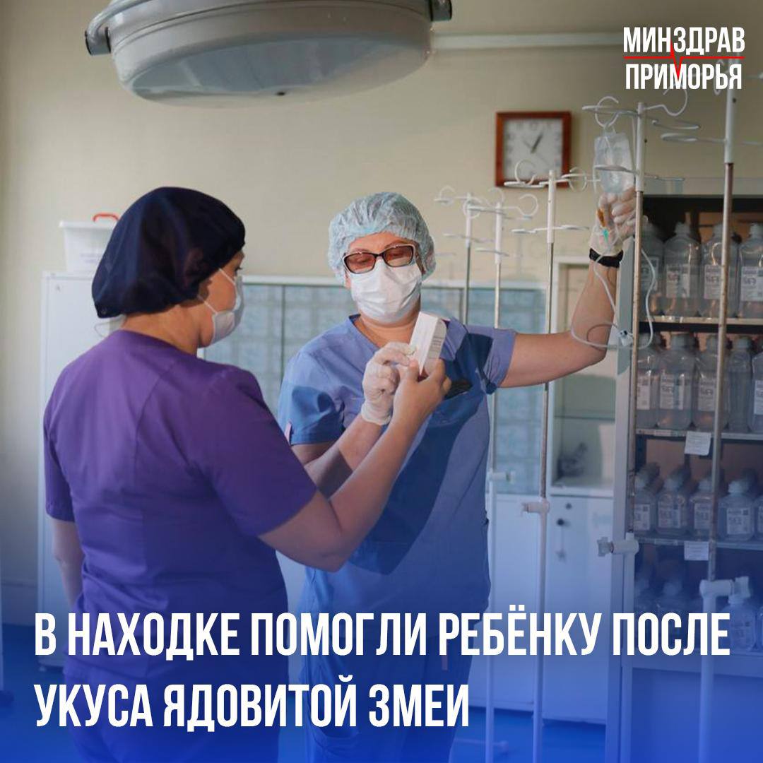 Три дня в реанимации: в Находке спасли ребёнка после укуса ядовитой змеи     Змея укусила 15-летнюю девочку за палец ноги поздним вечером на пляже. У пострадавшей стремительно развивался анафилактический шок – острая реакция на змеиный яд. Родители доставили подростка в Находкинскую больницу в спутанном сознании, с низким давлением и растущим отёком конечности.    Врачи провели противошоковую и дезинтоксикационную терапию, нормализовали кровоток в сосудах ноги для недопущения некроза тканей. Медики пристально наблюдали за состоянием конечности девочки: чтобы снять давление из-за массивного отека, могло потребоваться рассечь ногу в нескольких местах. Но врачи справились без хирургического вмешательства.     За жизнь юной пациентки боролись заведующий отделением травматологии Елисей Слайковский, реаниматологи Наталья Шутова, Вероника Климентова, Григорий Пацюк и Константин Курочкин, травматолог Валерия Ким.  Угроза жизни ребёнка уже миновала, девочка выписана из стационара на долечивание в поликлинике.       Врачи напоминают, что несвоевременное обращение за медицинской помощью после укуса змеи может привести к тяжёлым последствиям.    Минздрав Приморья