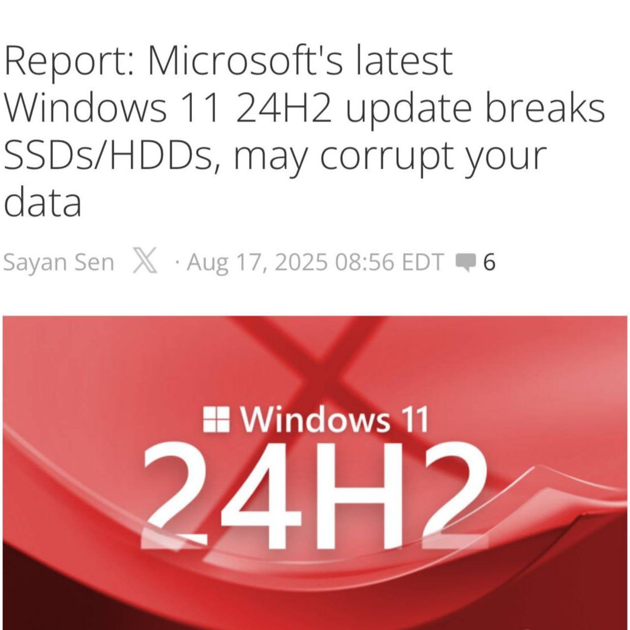  В Windows 11 обнаружен критический баг в обновлении KB5063878 для версии 24H2. Ошибка возникает при записи более 50 ГБ и заполнении диска на 60 и более процентов — система перестает его видеть. Восстановить диск невозможно. Не обновляйтесь. Подписаться Написать нам