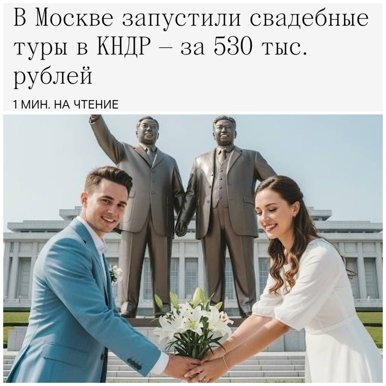 В России стартовали свадебные туры в КНДР. В 9-дневное путешествие за 530 тысяч рублей включено: Билеты на самолёт или поезд на 9 дней ; Оформление виз; Проживание на пляжном курорте Расон; Свадебная церемония в северокорейских традициях; Фотосессии у памятников и экскурсии по достопримечательностям Пхеньяна. Обязательно: возложение цветов к статуям Ким Ир Сена и Ким Чен Ира, иначе брак не признают. Незабываемый медовый месяц гарантирован. Наш второй канал РУПОСТ 18+ Подписывайтесь.
