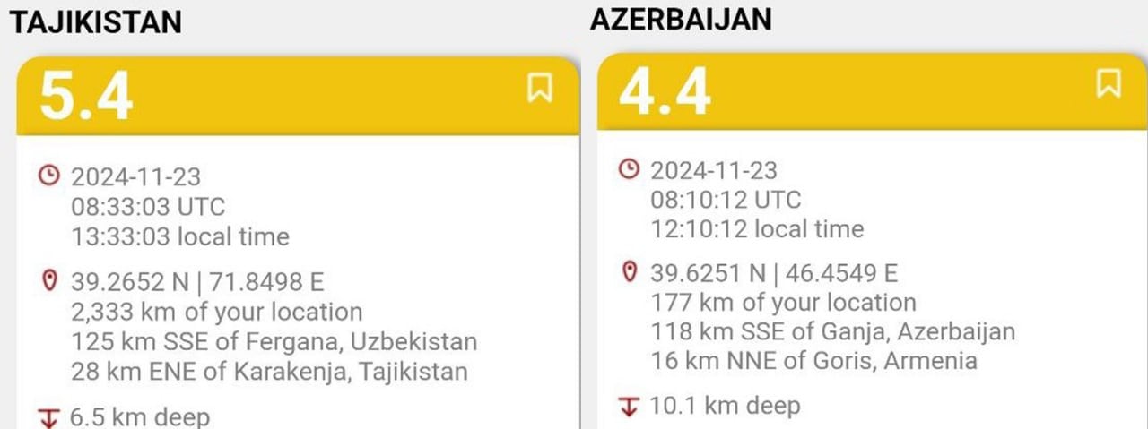 Землетрясение магнитудой 4,4 в Азербайджане. Эпицентр в 16 км от Гориса.  Затронутые страны: Иран, Россия, Армения   Землетрясение магнитудой 5,4 в Таджикистане   Затронутые страны: Узбекистан, Афганистан и Кыргызстан