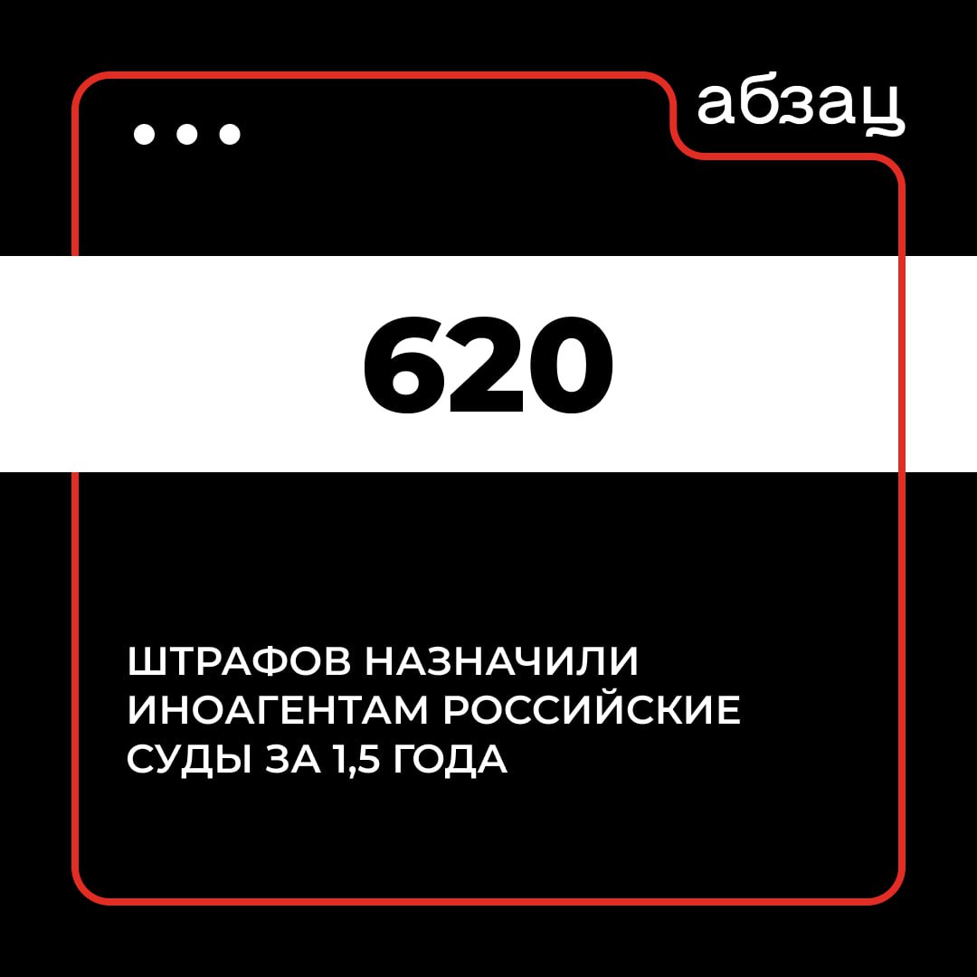 Российские суды за 1,5 года назначили иноагентам за несоблюдение требований 620 штрафов  Их общая сумма составила 25,8 млн рублей. Об этом сообщили в Судебном департаменте при Верховном суде РФ.  Подписывайтесь на «Абзац»