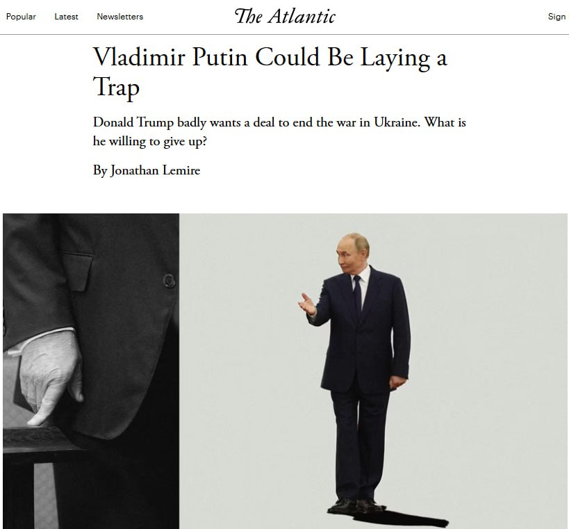 Трамп ждал личной встречи с Путиным несколько месяцев, пишет The Atlantic.  «Бывший глава разведки КГБ предоставил Трампу то, чего президент США ждал месяцами: встречу один на один для обсуждения окончания конфликта. Трамп ухватился за эту возможность», – говорится в публикации.  Издание считает, что «Путин может использовать саммит, чтобы снова завоевать расположение Трампа».  Сайт "Страна"   X/Twitter   Прислать новость/фото/видео   Реклама на канале   Помощь