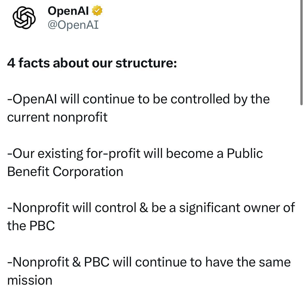 «OpenAI не была нормальной компанией и никогда ею не будет.» — OpenAI рассказала о планах и изменениях в структуре. Главное: Некоммерческая организация будет контролировать коммерческую, которая перейдет в PBC public benefit . Напомним, что PBC — стандарт коммерческой структуры для большинства других ИИ лабораторий — например, Anthropic и X.ai. В планах сделать крупнейшую и наиболее эффективную некоммерческую организацию в истории. Самое невероятное — Альтман пишет, что они хотят выпускать мощные модели в опенсорс, чтобы они были доступны каждому. Верим.