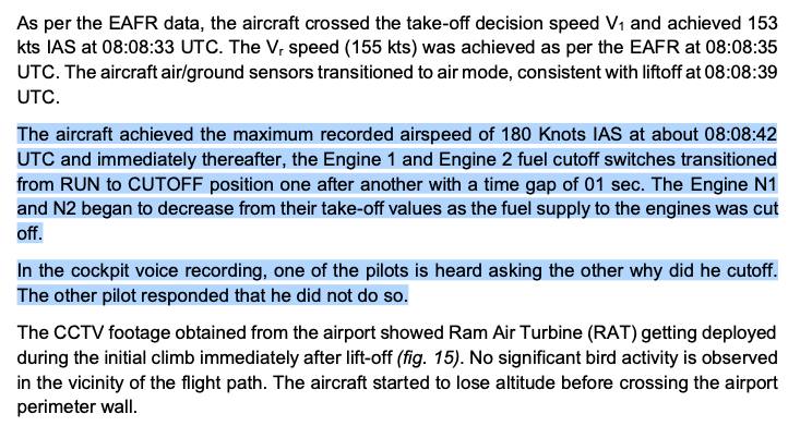 Опубликован предварительный отчет катастрофы Boeing 787 Air India  Для ночного пятничного обсуждения…  В предварительном отчете Индии AAIB о авиакатастрофе самолёта Boeing 787 авиакомпании Air India, выполнявшего 12 июня рейс 171 из Ахмедабада в Лондон, говорится, что оба выключателя  крана  подачи топлива в двигатели были переведены в положение «ВЫКЛ» через несколько мгновений после взлета, а один пилот спросил другого:  «Почему ты отключил подачу топлива?»   Второй ответил, что он так не делал.  Все остальное позже. Ещё перечитать внимательней надо.  P.S. Файл с предварительным отчетом выложен в комментариях.    AviaNews
