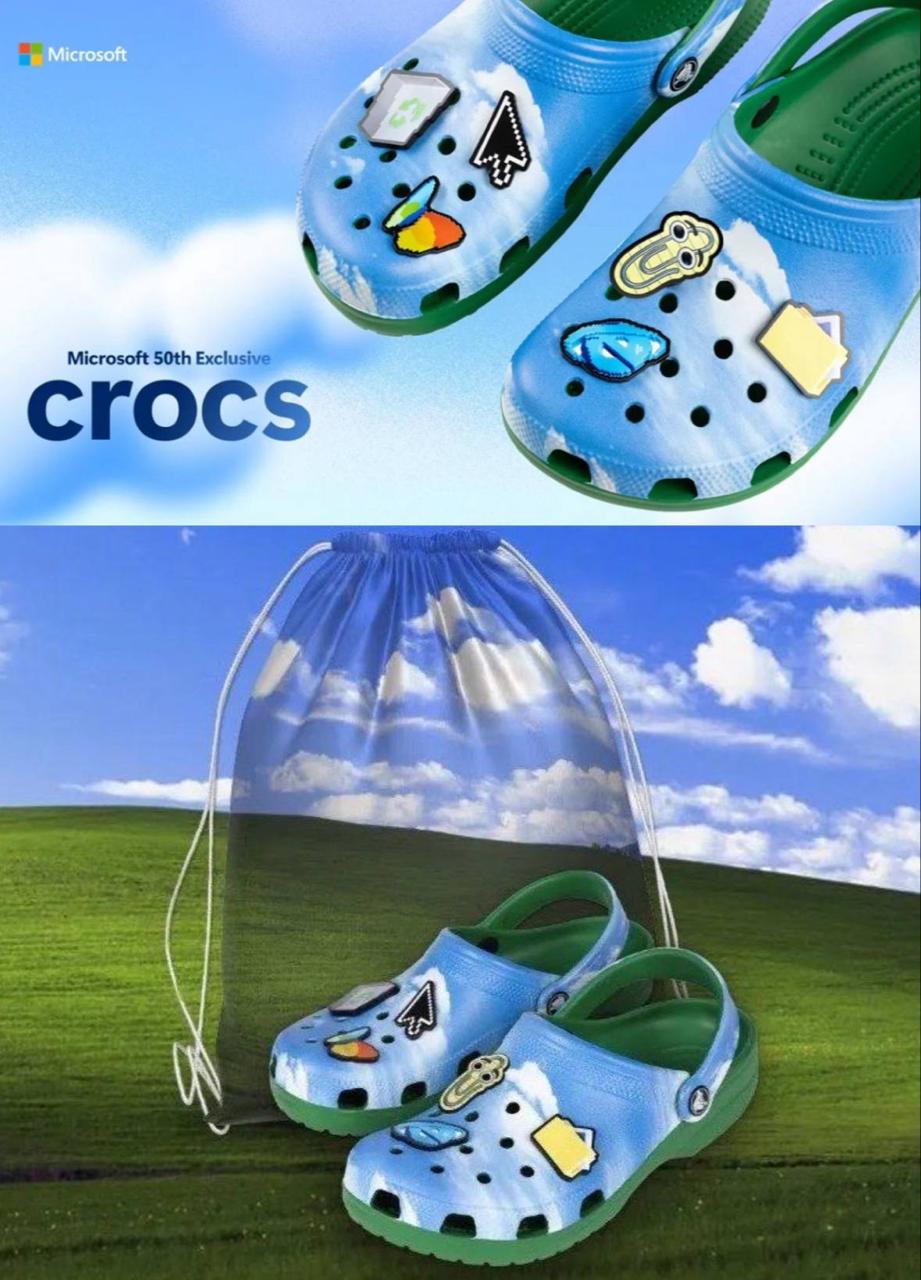 Коллаба дня: Microsoft х Crocs В честь 50-летия Microsoft выпустит лимитированную серию кроксов, вдохновлённых фоновыми обоями «Безмятежность» на Windows XP. Вместе с сабо в комплект традиционно войдёт набор джиббитсов — значки с логотипом MSN, иконкой Internet Explorer, курсором мыши, а также брелок с изображением того самого Скрепыша. Выглядит довольно интересно. Как вам?