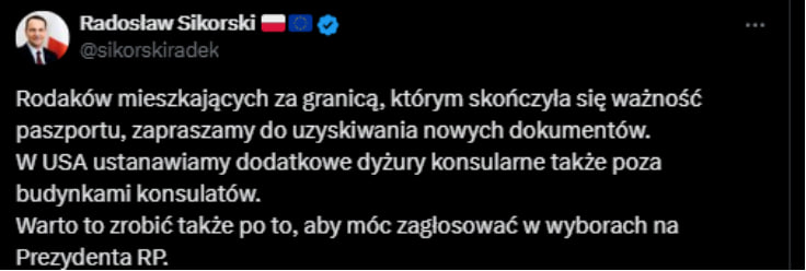 Туск призвал польский МИД подготовить консульские учреждения к возможным депортациям поляков в связи с объявленной Трампом кампанией по борьбе с нелегальной миграцией в США.  Глава МИД Польши Сикорский, в свою очередь, заявил об установлении дополнительных дежурств, в том числе и за пределами зданий консульств. Также он призвал поляков, проживающих за рубежом, обновить свои документы.