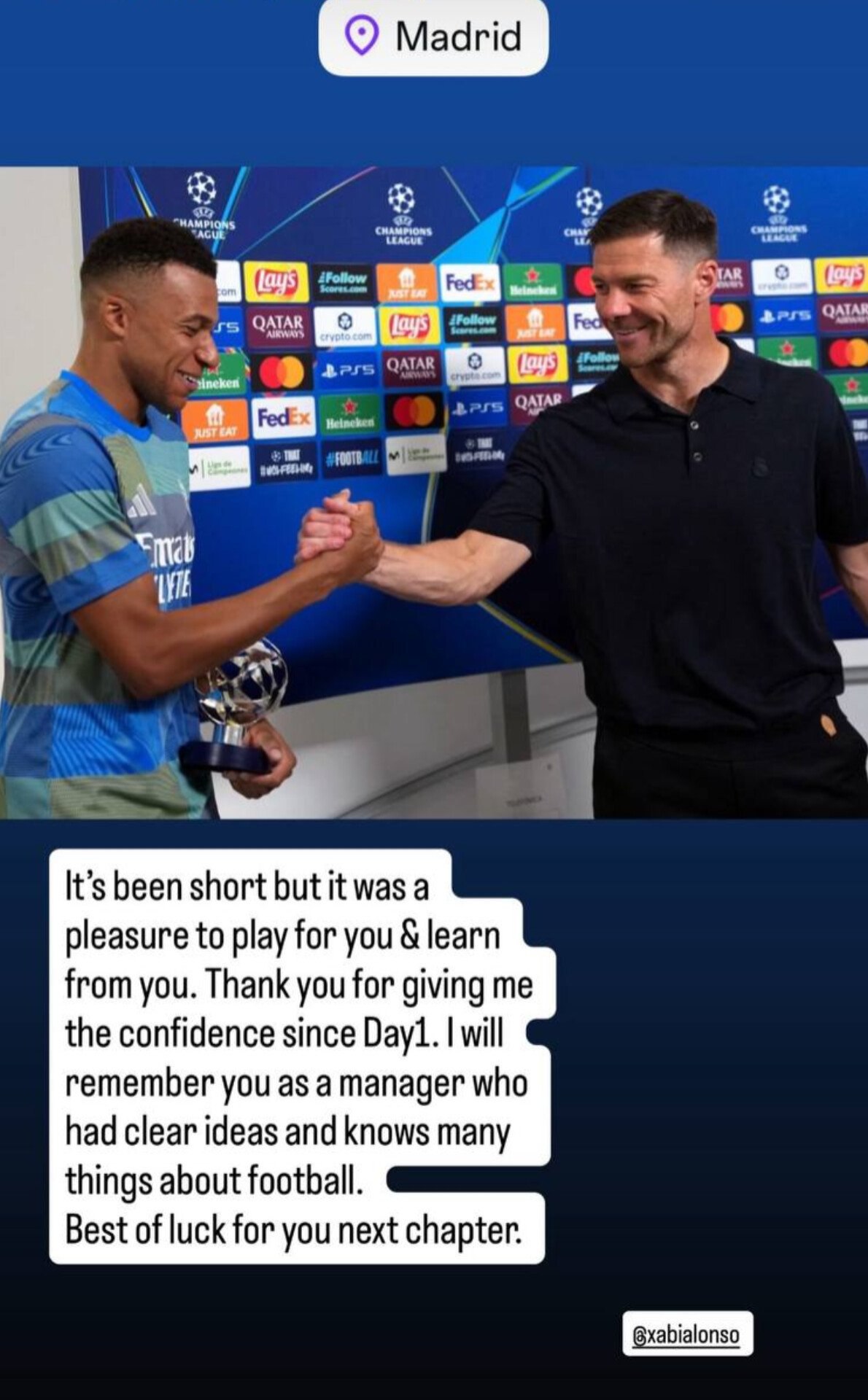 Килиан Мбаппе первым из игроков Реала публично попрощался с Хаби Алонсо который был уволен из клуба Это было недолго но было приятно играть под вашим руководством и учиться у вас Спасибо что вселяли в меня уверенность с первого дня Я запомню вас как тренера у которого были чёткие идеи и который много знает о футболе Удачи вам в вашей следующей главе