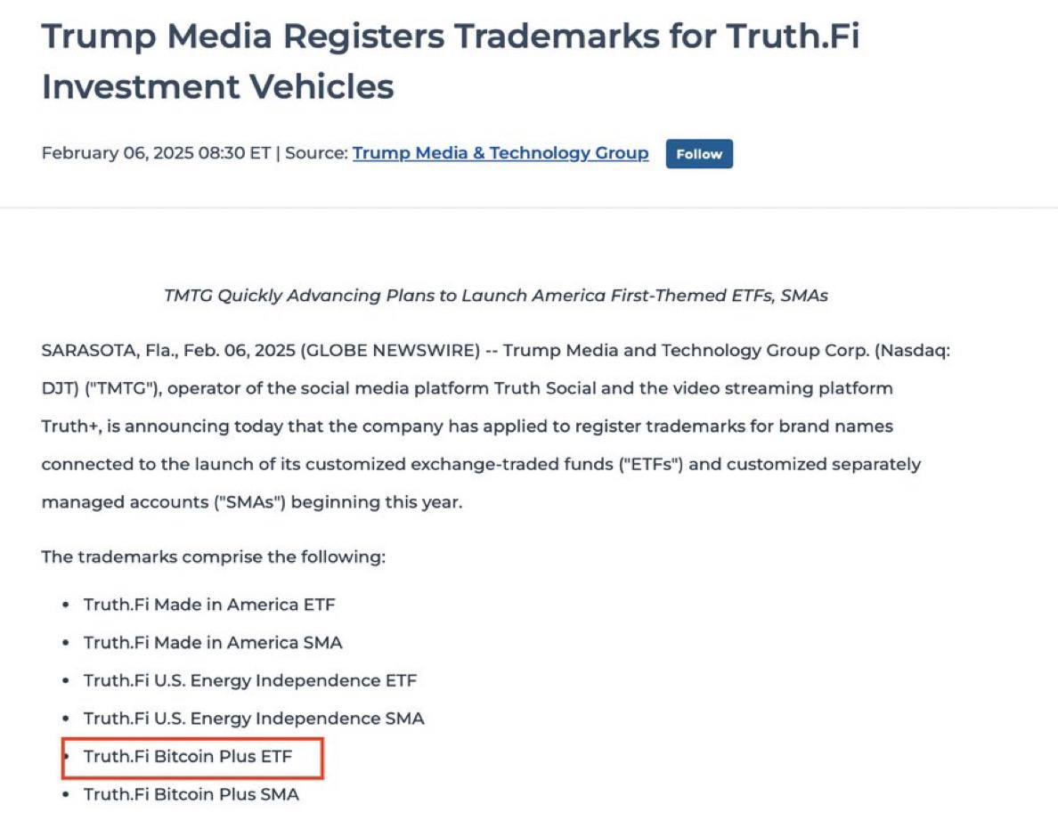 Trump Media & Technology Group  TMTG  планирует запустить Bitcoin Plus ETF   Компания, контрольный пакет акций которой принадлежит Трампу, подала заявку на регистрацию товарных знаков под своим брендом TruthFi.  Этот ETF входит в число других инвестиционных инструментов, связанных с предвыборными обещаниями Трампа.