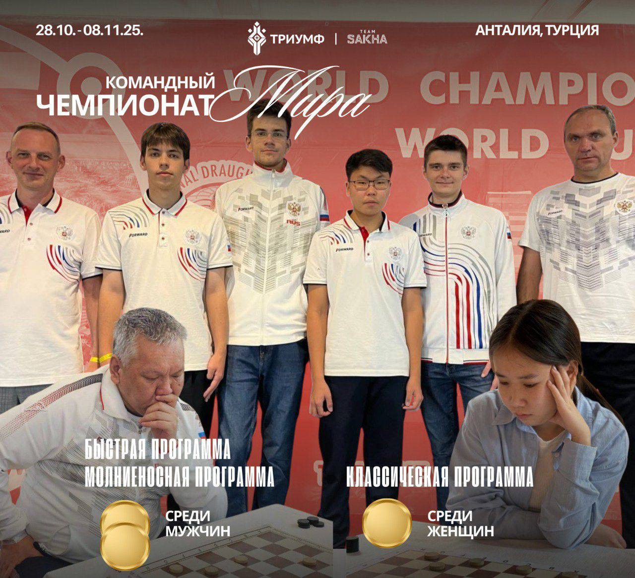 Якутяне в составе команды России выиграли золото чемпионата мира по шашкам 64 Команда шашистов России одержала победу на командном чемпионате мира среди мужчин и женщин в Анталье Турция Так в быстрой программе золотую медаль завоевал Колесов Гаврил В молниеносной программе первенствовал Егоров Айсен и в классической программе Никанорова Юлия ulusmedia Читайте нас в MAX