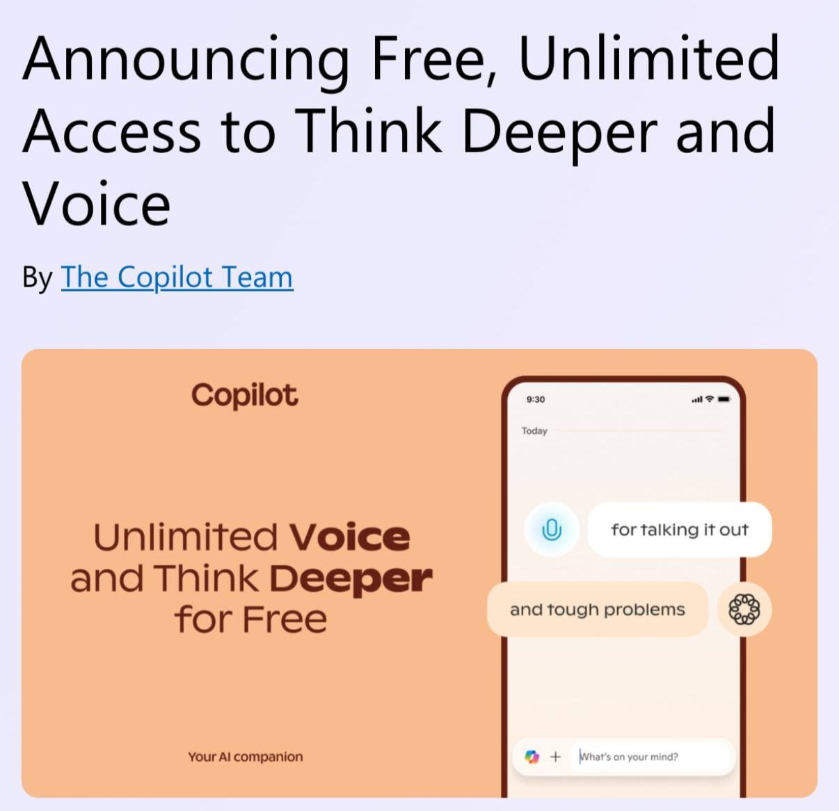 Microsoft Copilot стал ДОСТУПЕН ВСЕМ — бесплатно и без ограничений. Теперь любой может воспользоваться мощнейшей нейросетью от Microsoft.  Вот что умеет этот зверь: - Работает на топовых моделях o1 от OpenAI. - Поддерживает Voice-режим без лимитов — можно надиктовать задачи на русском. - Функция Think Deeper — включает «режим раздумий», доводя проект до идеала.  Всё это уже доступно — здесь.    media