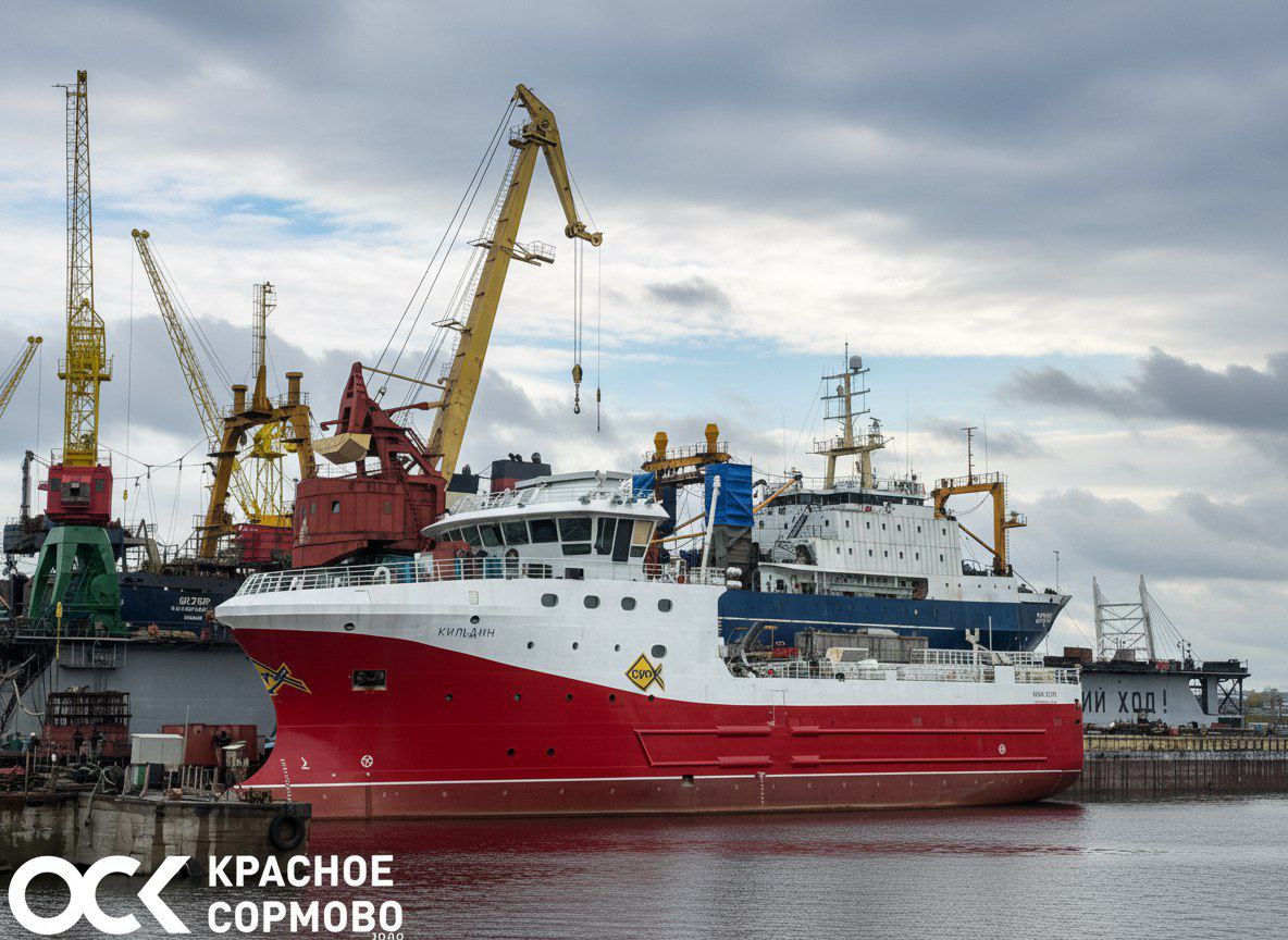 Краболов процессор Кильдин построенный на Красном Сормове готовится к ходовым испытаниям на Канонерской судостроительном заводе в Санкт Петербурге  Это второй краболов проекта КСП01 построенный в Нижнем Новгороде в рамках инвестиционной программы Квоты под киль В ходе ходовых испытаний Кильдин совершит переход до острова Гогланд в Финском заливе