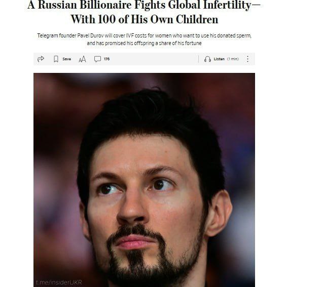 Основатель Telegram Павел Дуров пообещал оплатить ЭКО для женщин которые захотят родить от него При подтверждении родства дети смогут претендовать на наследство предпринимателя состояние которого оценивается примерно в 17 млрд пишет The Wall Street Journal Есть два условия женщины должны быть не в браке и младше 37 лет Дуров ранее утверждал что он уже является донором спермы для детей Возможно таких детей уже сотни banksta