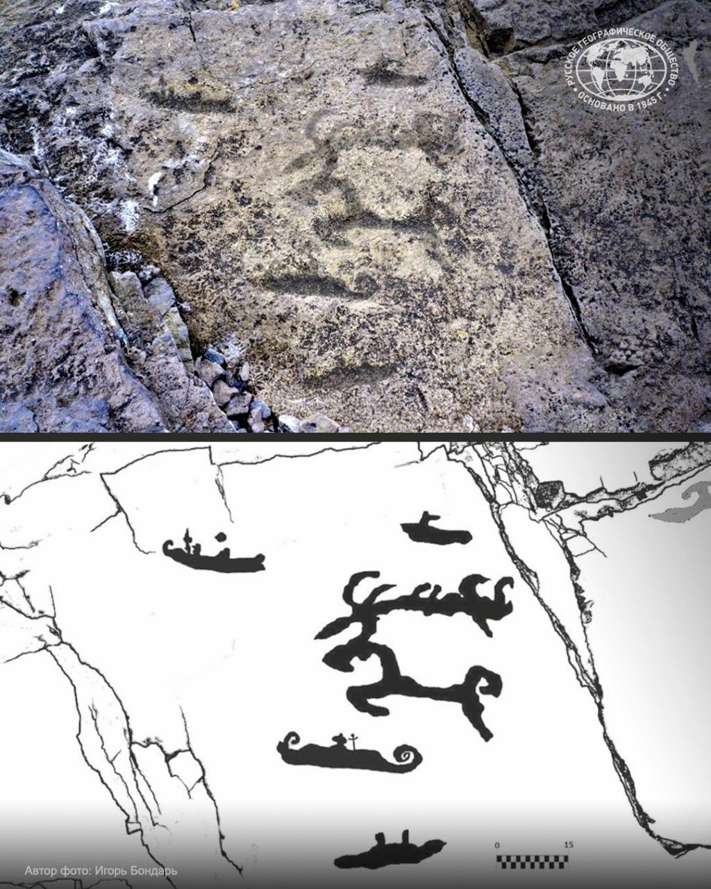Самые северные петроглифы в России обнаружили на острове Вайгач в Арктике Их открыл член РГО Игорь Бондарь во время комплексной научной экспедиции Арктического плавучего университета и РГО На одной из скальных поверхностей изображены несколько рисунков предположительно описывающих сцену охоты на оленя На другом абстрактные знаки Раньше считали что самые северные петроглифы находятся в низовьях реки Пегтымель на Чукотке Подписаться на РГО РГО в MAX
