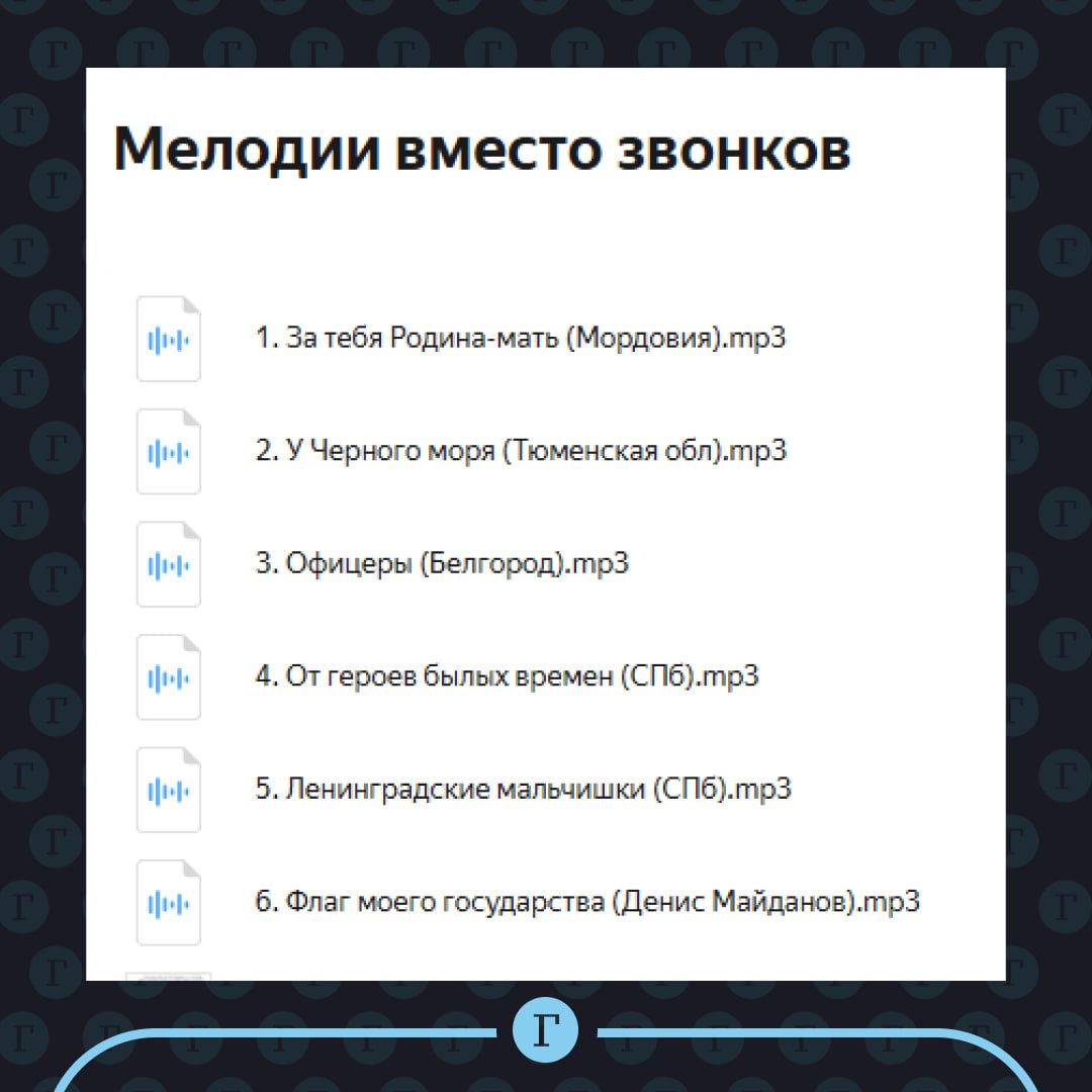 Звонки в российских школах заменили на песни Газманова и «Любэ».  Акцию приурочили ко Дню защитника Отечества. Теперь в учебных заведениях вместо привычных звонков на уроки или перемену могут звучать песни «За тебя, Родина-мать» группы «Любэ», «Офицеры» Олега Газманова и «Флаг моего государства» Дениса Майданова.     При этом в Минпросвещения заявили, что это лишь рекомендации для школ, а «не обязаловка».    «Но у школ обычно есть уже возможность пускать звонки музыкальные, поэтому стараемся, чтобы это было так», — добавили в ведомстве.   Как вам акция? —   /