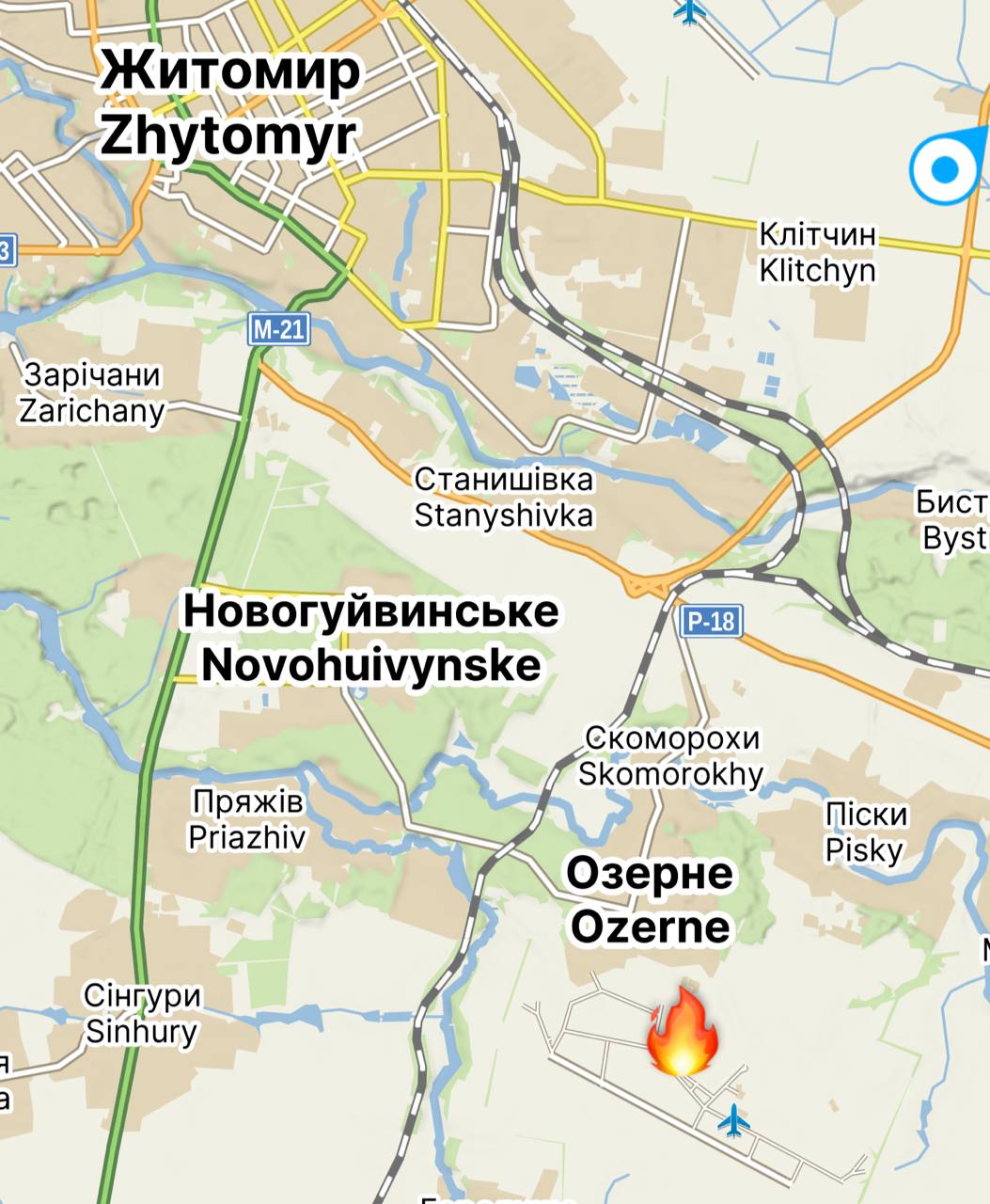 Житомир • Аэродром Озерное Герани и Калибры сегодня ночью полностью сожгли инфраструктуру аэродрома, склады с горючим и цеха пуска и наладки ракет западного производства. Судя по сигнатурам, пожар до сих пор не локализован и норит на площади 10 кв. км.