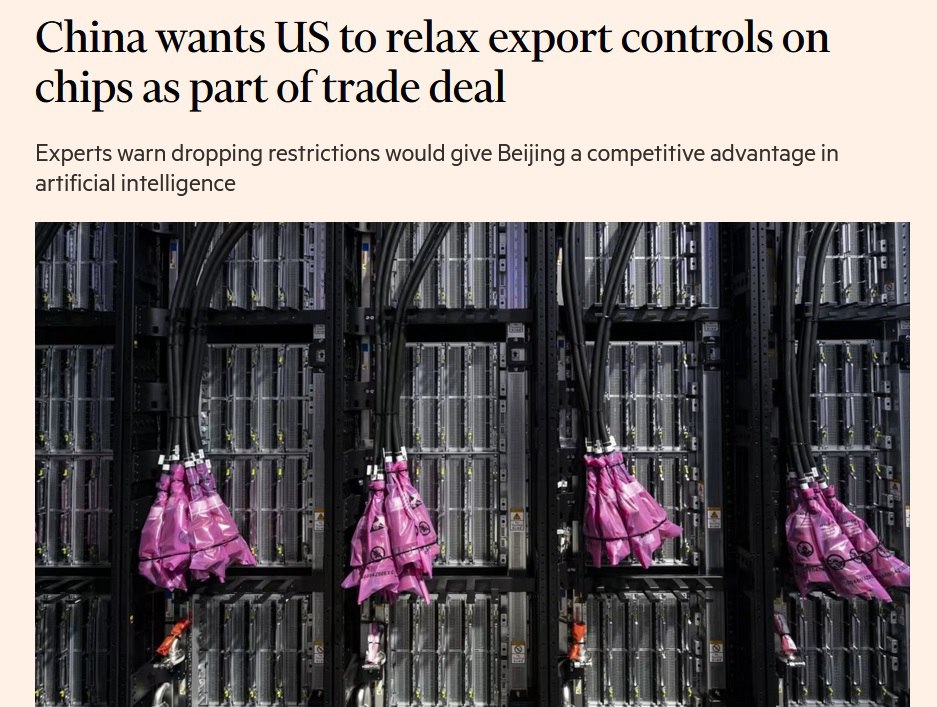 FT: Китай хочет, чтобы США ослабили экспортные ограничения на чипы памяти с высокой пропускной способностью.  Условие может быть включено в торговую сделку в преддверии возможной встречи Трампа и Си Цзиньпина. Ограничения США уменьшают возможности китайских компаний по созданию собственных ИИ-чипов, утверждают в статье.  Источники газеты добавили, что за последние три месяца проведено три раунда торговых переговоров с Китаем. Ранее Трамп заявил, что США введут пошлины в размере 100% на все ввозимые в страну чипы и полупроводники.     : ТГ   Зеркало   MAX