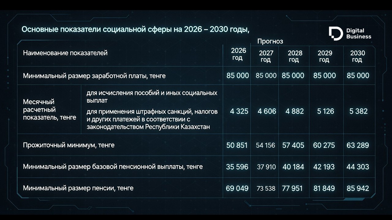 Минтруда посчитало какой будет минимальная пенсия в Казахстане через 4 года Министерство труда и социальной защиты населения представило прогноз основных показателей социальной сферы на 2026 2030 годы Данные рассчитаны в рамках прогноза социально экономического развития и используются при формировании республиканского бюджета Согласно документу в 2026 году минимальный размер пенсии в Казахстане составил 69 049 тенге В 2027 году он прогнозируется на уровне 73 538 тенге в 2028 году 77 951 тенге в 2029 году 81 849 тенге К 2030 году минимальная пенсия по расчетам ведомства достигнет 85 942 тенге Другие прогнозные показатели Минтруда Digital Busienss также оформил в удобную таблицу