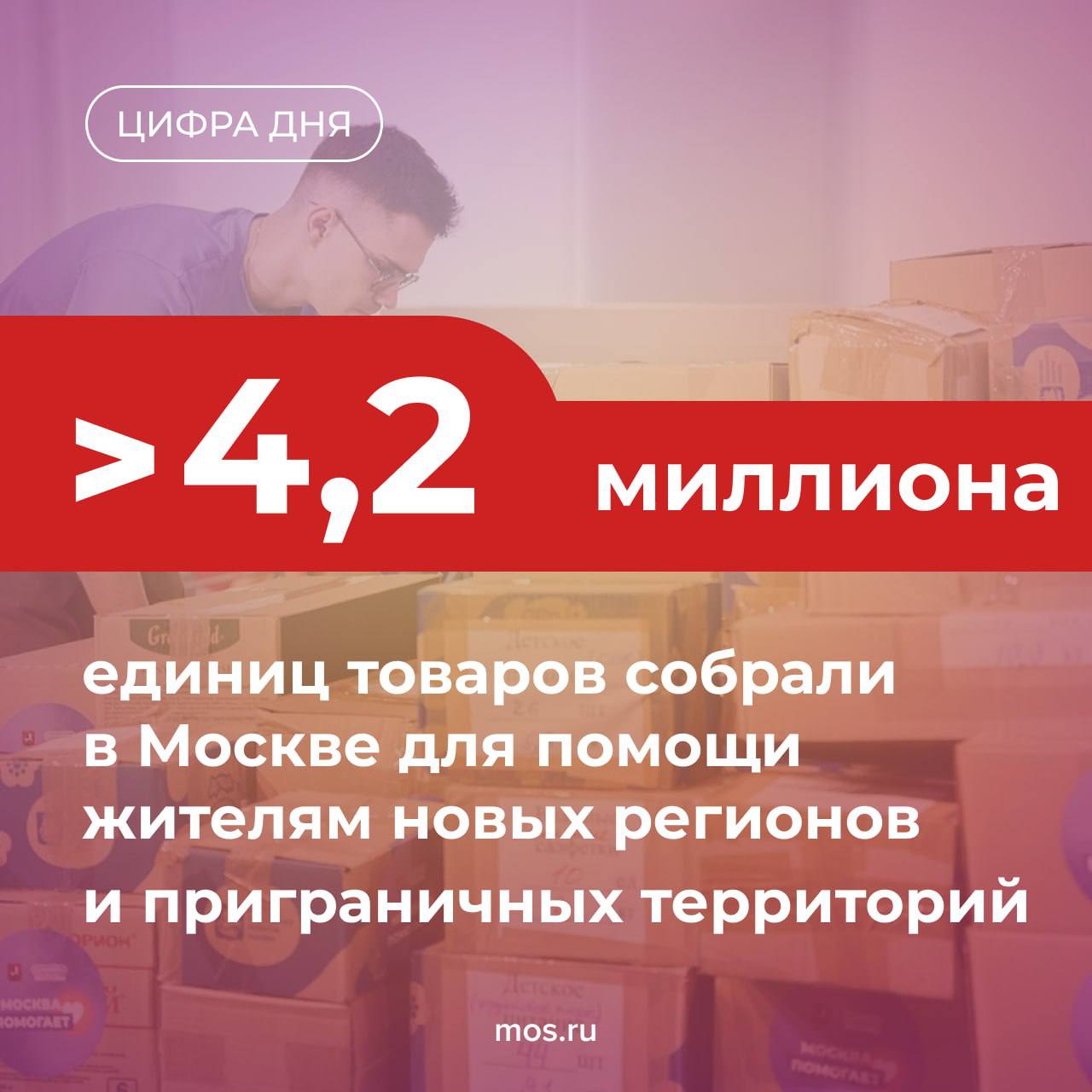 Более 4,2 миллиона единиц товаров собрали в Москве для помощи жителям новых регионов и приграничных территорий. В городе открыто 14 пунктов приема продуктов и вещей первой необходимости в рамках акции «Москва помогает». Многие из них открыты ежедневно с 10:00 до 19:00.  Свыше 67 тысяч горожан и 597 столичных организаций передали в пункты приема одежду, продукты, детские товары и многое другое. Все вещи, которые можно отправить в качестве гуманитарной помощи, должны быть новыми и в цельной упаковке, одежда — с бирками. Подробнее о том, как помогают пострадавшим жителям, рассказываем здесь.