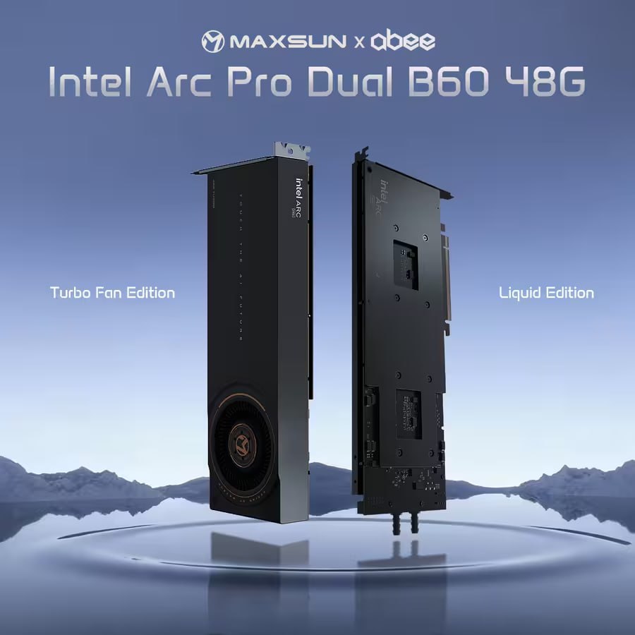 MaxSun представила Arc Pro на 48 ГБ памяти с двумя GPU Двухслотовая видеокарта MaxSun Arc Pro Dual B60 Liquid Edition имеет жидкостную систему охлаждения с одним вентилятором центробежного типа Компания говорит о возможности использования четырех таких ускорителей в одном ПК при использовании интерфейса PCle 5 0 х16 Новинка предназначена для использования с материнскими платами на чипсете W790 LGA 4677 Продажи пока не начались Мой Компьютер