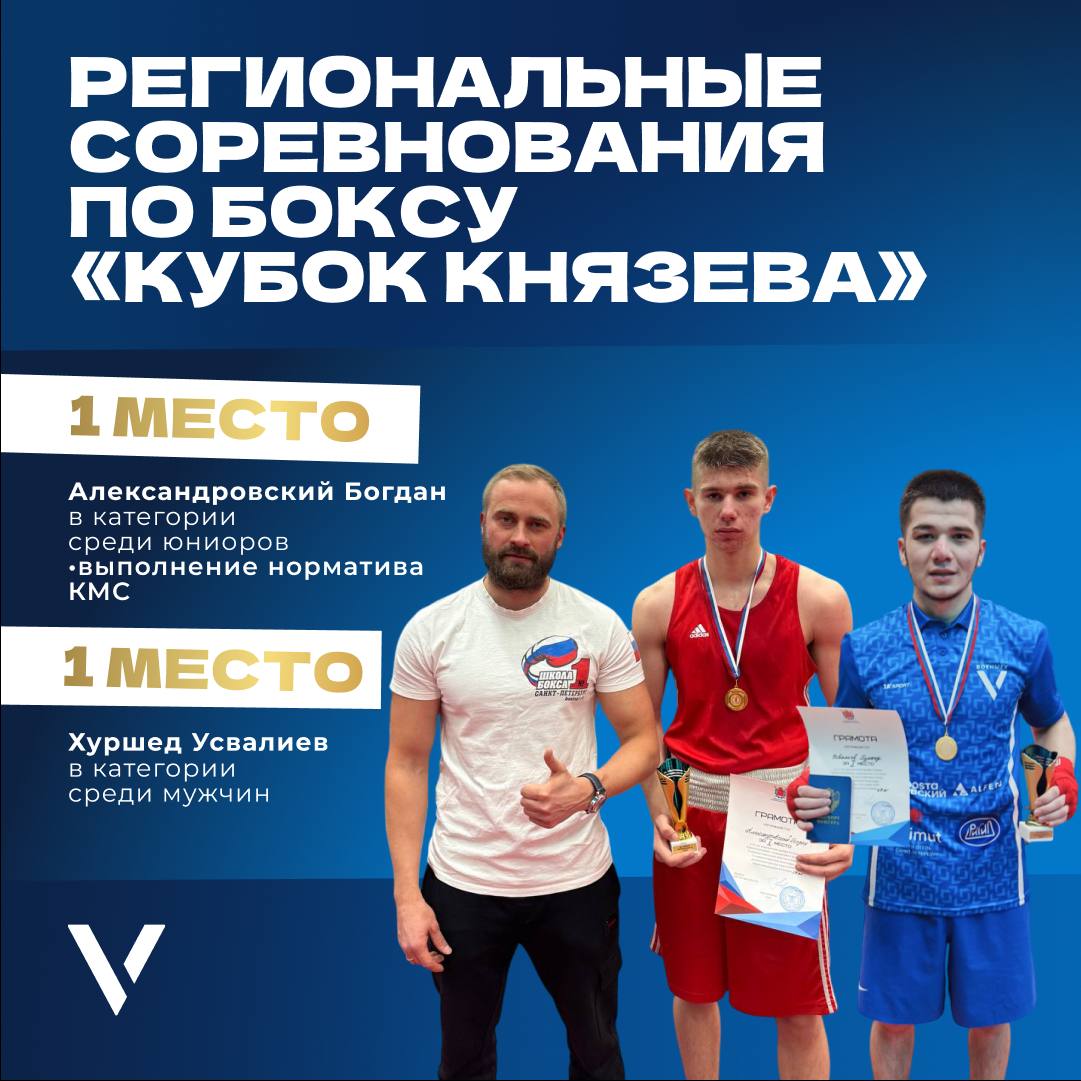 В СШОР «Комета» состоялись региональные соревнования по боксу, посвящённые 112-летию пятикратного Чемпиона Советского Союза, одиннадцатикратного чемпиона Ленинграда, заслуженного мастера спорта СССР Ивана Александровича Князева «Кубок Князева». По итогам турниров спортсмены ВОЕНМЕХа возглавили пьедестал! Хуршед Усвалиев стал победителем соревнований в категории «среди мужчин». Александровский Богдан забрал чемпионство в категории «среди юниоров», а также выполнил норматив «кандидата в мастера спорта»! Мы поздравляем наших боксёров с завоеванием золотых медалей.