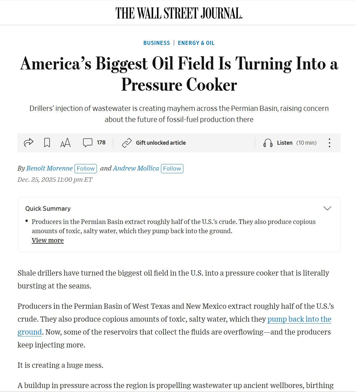 Крупнейшее нефтяное месторождение США превращается в токсичное болото и это уже признаёт сама Wall Street Journal Пермский бассейн дающий около половины американской добычи нефти захлёбывается токсичными отходами которые сланцевики годами закачивали обратно в землю не особенно задумываясь о последствиях Теперь резервуары переполняются давление растёт а система буквально трещит по швам