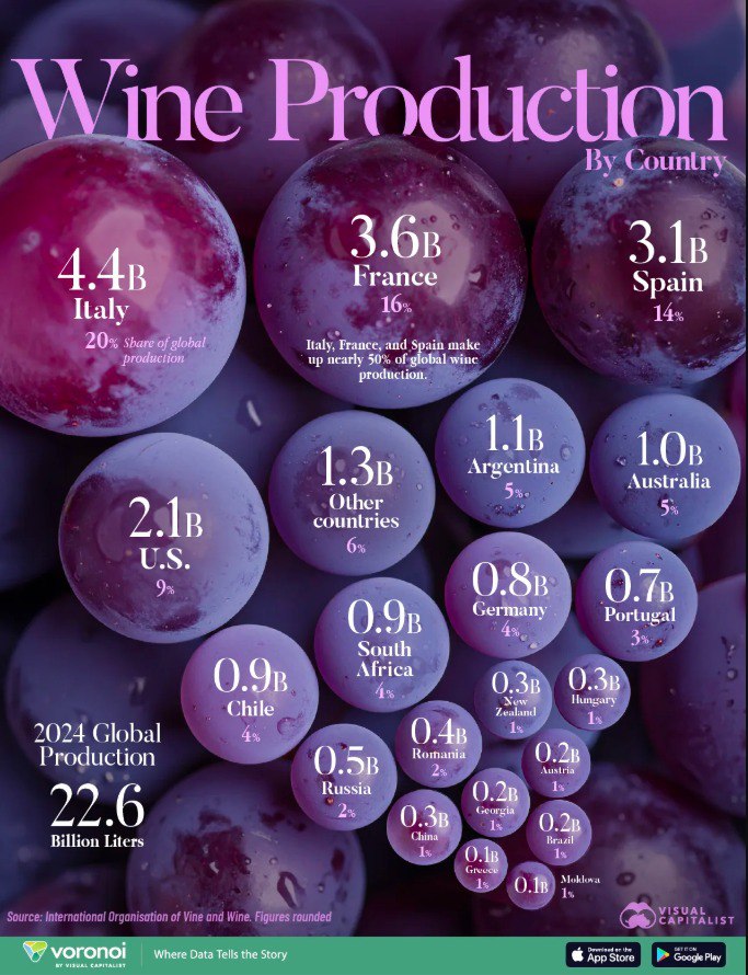 Крупнейшие производители вина в мире Мировой объем производства вина в 2024 году достиг 22 6 млрд литров Италия остается крупнейшим производителем вина 19 5 мирового производства