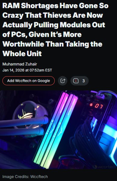 Воры вышли на новый уровень теперь из офисов крадут только оперативку В Южной Корее злоумышленник пробрался в конструкторский отдел завода разбил боковое стекло ПК и утащил исключительно плашки ОЗУ Итог 4 модуля Micron DDR5 5600 по 32 ГБ Подписаться Дать буст Предложка