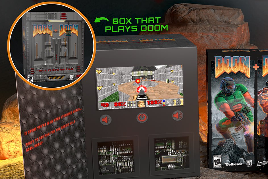 Компания Limited Run Games презентовала коллекционное издание классического Doom. Набор Doom + Doom II Will it Run Edition включает коробку с экраном, на котором можно запускать шутер.  Также в набор входят четырёхчасовой саундтрек на четырёх кассетах, фигурка какодемона на подставке с магнитной левитацией, портативная консоль в виде головы какодемона для игры в Doom, набор коллекционных карточек и сертификат подлинности.  Набор станет доступен для предварительного заказа 18 апреля за $666,66  около 55 400 рублей . Версия Standard Edition будет стоить за $29,99  около 2500 рублей , а Big Box Edition — $99,99 долларов  около 8300 рублей .  Doom + Doom II Will It Run Edition выпустят тиражом 666 экземпляров.