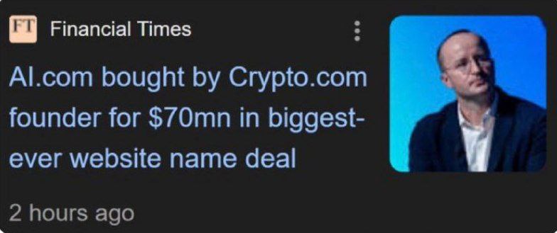 Домен AI com продали за 70 млн Владельцем стал криптан из Crypto com Крис Маршалек Это самая высокая цена за продажу доменного имени banksta