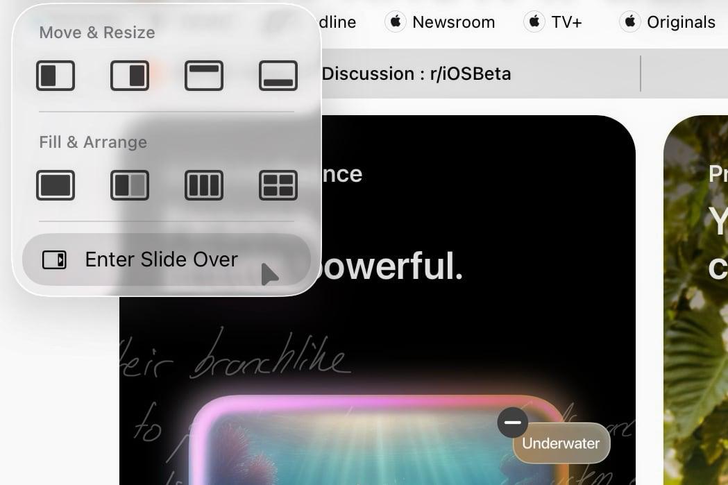 Apple вернула функцию многозадачности Slide Over в iPadOS 26 1 Slide Over позволяет открывать приложение поверх остальных окон и при необходимости скрывать его справа или слева В iPadOS 26 1 перейти в режим Slide Over можно зажав зелёную кнопку изменения размера окна и в выпадающем меню выбрать Slide Over После этого окно изменится до типичного размера Slide Over Но при желании пользователи могут сами настроить размер окна Slide Over чего раньше было сделать нельзя   www iphones ru 1339827 новости iphonesru