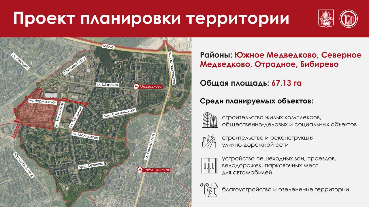 Построим на северо востоке Москвы современный городской квартал   На проектируемой территории ограниченной улицами Вилюйской Чермянской Молодцова и Полярным проездом появятся жилые комплексы общественно деловые и социальные объекты включая школу детские сады поликлинику и подстанцию скорой помощи культурно досуговый центр   Это даст городу больше 5 7 тысячи рабочих мест Также запланировано  возведение новых и реконструкция существующих дорог всего порядка 6 5 км  строительство здания конечной станции наземного городского транспорта с отстойно разворотной площадкой  установка зарядных станций для электротранспорта  благоустройство и озеленение общественных пространств с созданием пешеходных зон велодорожек проездов и парковочных мест для автомобилей Подписаться на МАХ