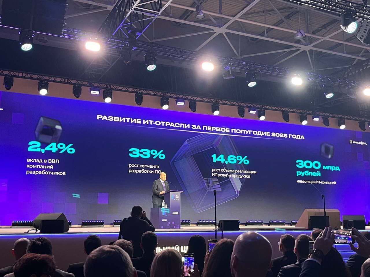 Выступая на пленарной сессии форума Цифровые решения глава Правительства Михаил Мишустин выступил с докладом о развитии IT отрасли Вот самое главное   Вклад аккредитованных IT компаний в ВВП достиг 6 а выручка выросла на 27 до 12 3 трлн руб  Вопрос об отмене льготы на НДС снят с повестки дня эту меру Мишустин указал среди мер которые правительство и дальше планирует сохранять  За последние 3 года объем продаж общесистемного ПО вырос в 2 раза  Число предприятий использующих публичные облака для создания своих приложений за последние 3 года удвоилось а количество стоек обработки данных возросло в 1 5 раза  количество сотрудников занятых в IT сфере достигло 1 1 млн человек что на 100 тыс больше чем годом ранее   СофтТех