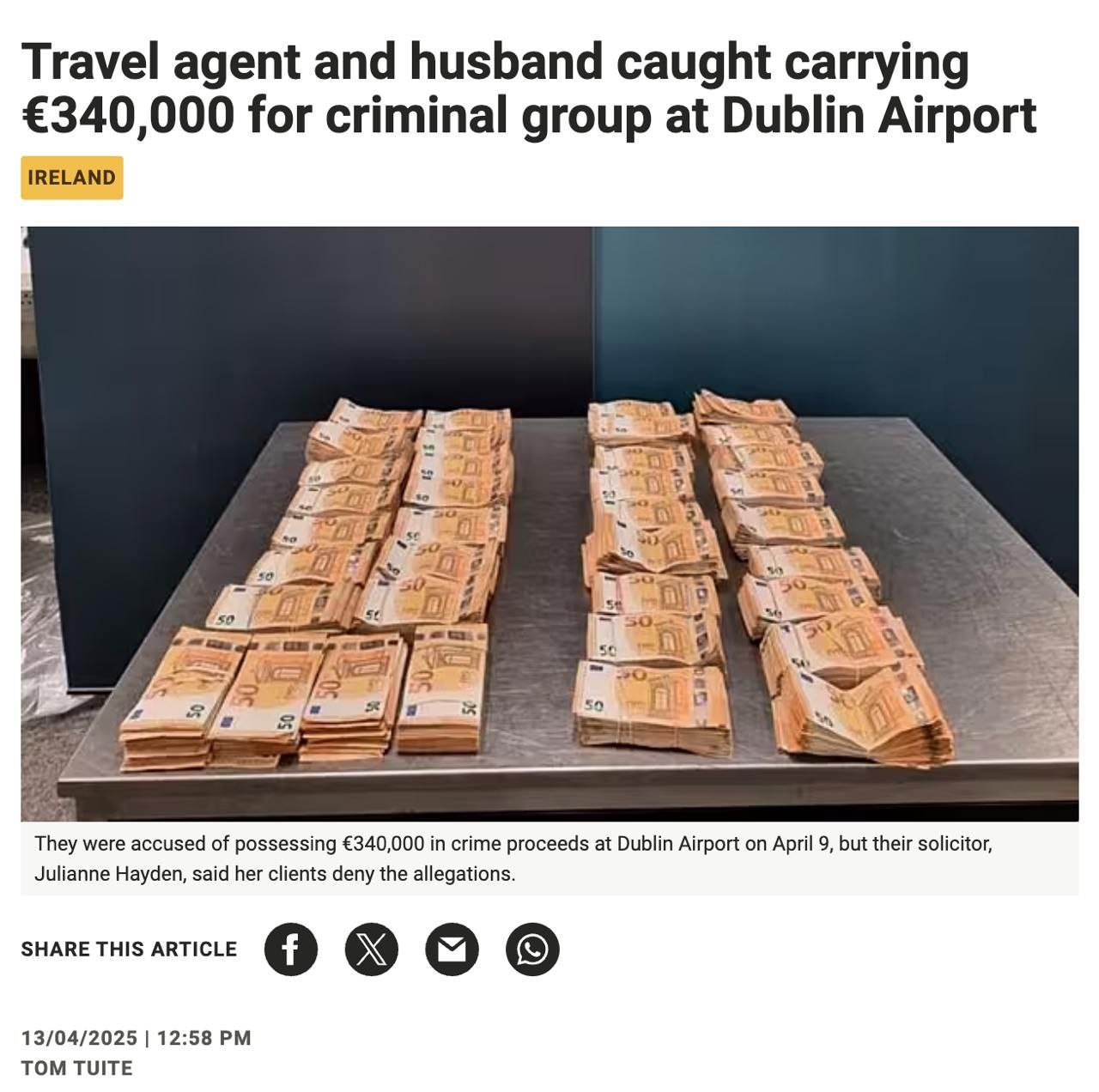В аэропорту Дублина были задержаны двое украинцев, заподозренных в попытке вывезти 340 тысяч евро для транснациональной преступной организации, занимающейся наркотиками. Как сообщает ирландское издание Breaking News со ссылкой на судебные документы, задержаны 69-летняя турагент Ирина Бондарева и её 60-летний муж. Им предъявлены обвинения в отмывании денежных средств и финансировании терроризма. Суд отклонил их просьбу о залоге. Обвиняемые отвергли все обвинения, утверждая, что средства были получены законным путём, а в Ирландию они прибыли для осмотра достопримечательностей.
